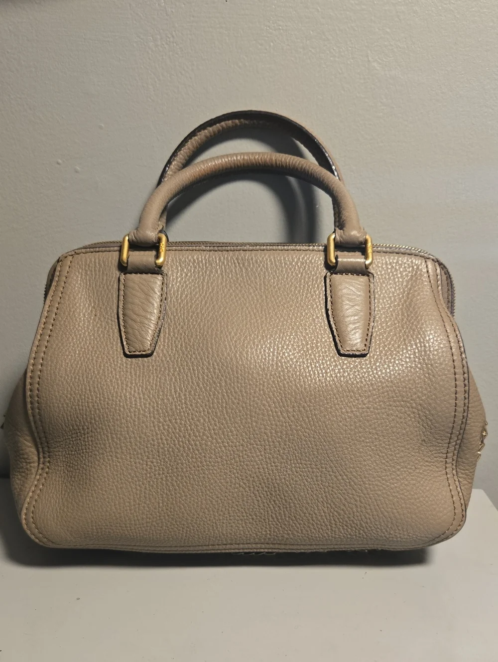 MCM Pebbled Taupe Leather Satchel with Gold Plaque